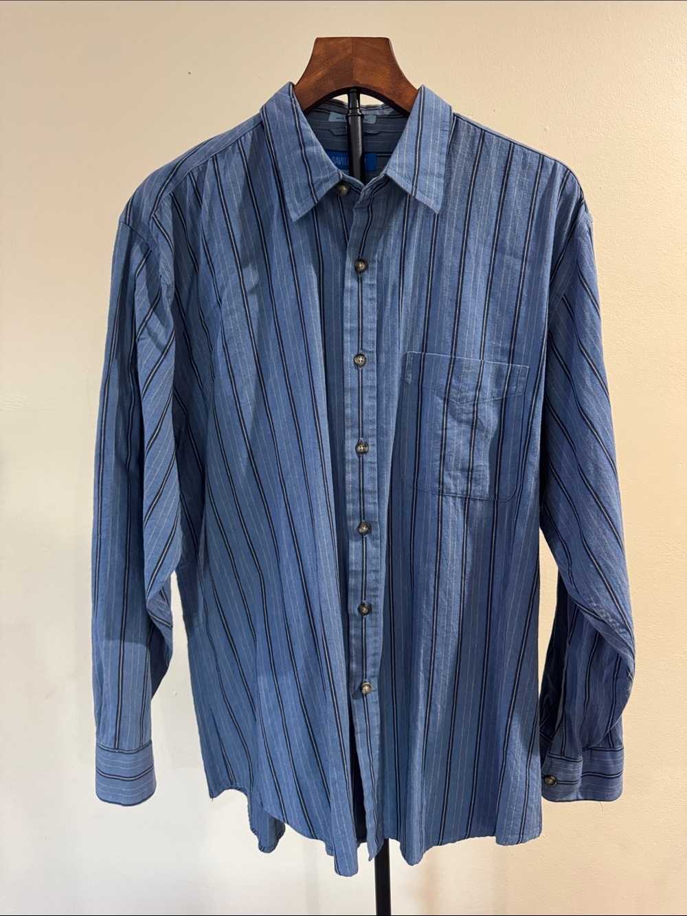 Vintage Savile Row 100% Cotton Blue Striped Button-Up Shirt (Size L)